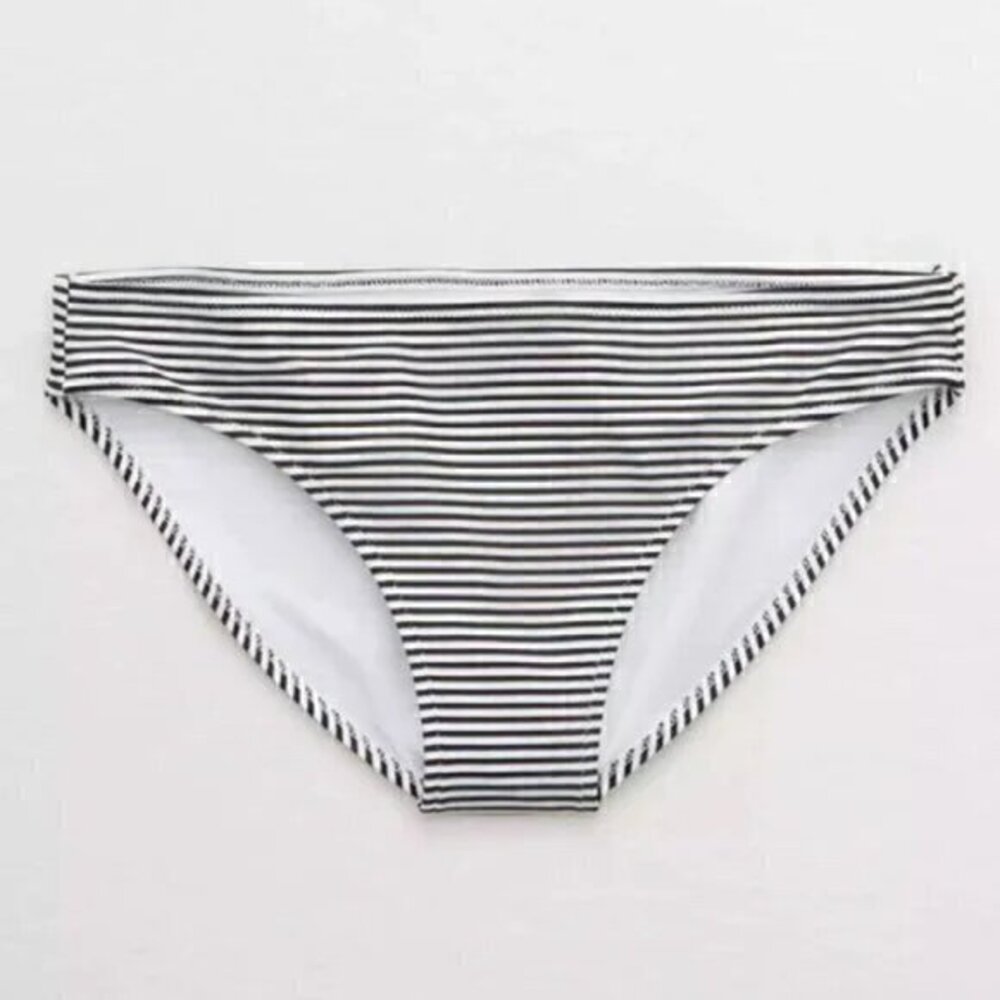 Aerie Women's Printed Swim Bikini Bottom in True Black White Stripe Size M NWT